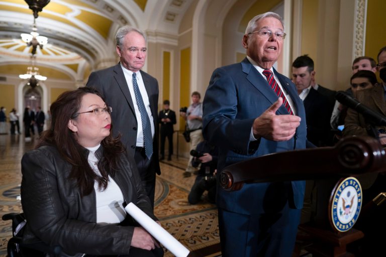 Sen. Robert Menendez (D-NJ) speak to reporters at the Capitol in Washington, Wednesday, March 15, 2023.
