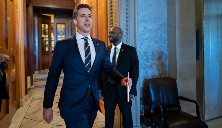 Sen. Josh Hawley, R-Mo., departs the chamber during the vote to confirm former Los Angeles Mayor Eric Garcetti as the next ambassador to India, more than a year and a half after he was initially selected for the post, at the Capitol in Washington, Wednesday, March 15, 2023.