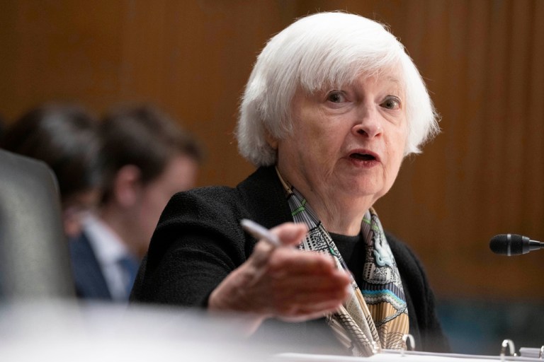 Treasury Secretary Janet Yellen testifies before the Senate Finance Committee about President Joe Biden's proposed budget request for the fiscal year 2024, Thursday, March 16, 2023, on Capitol Hill in Washington.