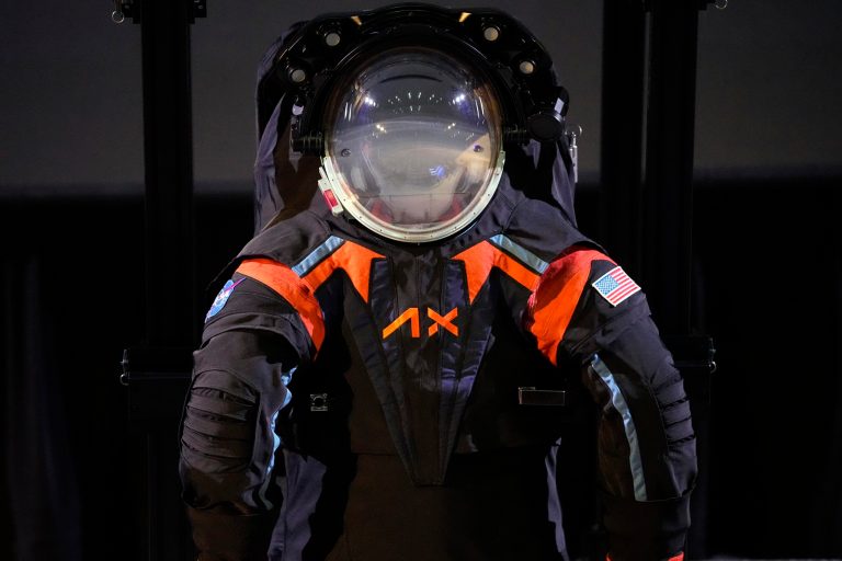 A prototype spacesuit is displayed Wednesday, March 15, 2023, in Houston. NASA selected Axiom Space to design the spacesuits that its moonwalking astronauts will wear when they step onto the lunar surface in a few years.