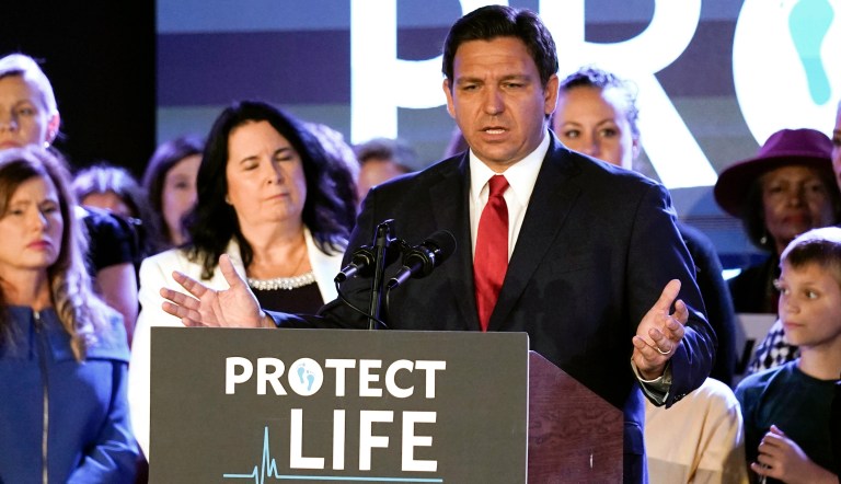 FILE - Florida Gov. Ron DeSantis speaks to supporters before signing a 15-week abortion ban into law Thursday, April 14, 2022, in Kissimmee, Fla.