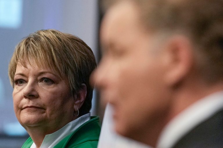 Wisconsin Supreme Court candidates Republican-backed Dan Kelly and Democratic-supported Janet Protasiewicz participate in a debate Tuesday, March 21, 2023, in Madison, Wisconsin.