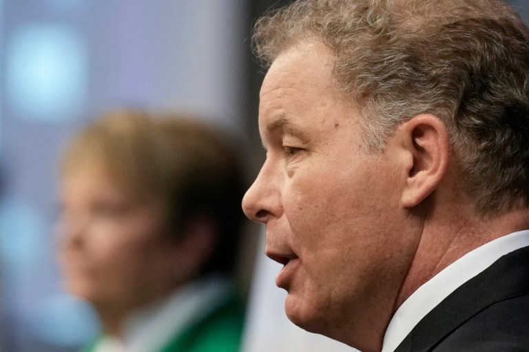 Wisconsin Supreme Court candidates Republican-backed Dan Kelly and Democratic-supported Janet Protasiewicz participate in a debate Tuesday, March 21, 2023, in Madison, Wisconsin.