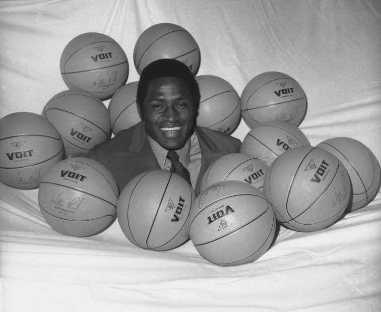 New York Knicks NBA player Willis Reed is surrounded by basketballs in New York, May 14, 1970, where he received his award as the NBAs Most Valuable Player. 