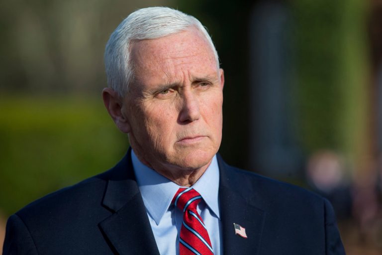 FILE - Former Vice President Mike Pence speaks to reporters before the MockCon event at University Chapel at Washington and Lee University, March 21, 2023, in Lexington, Va. 