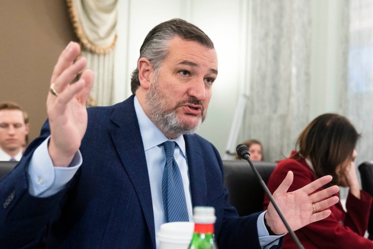 Senate Commerce, Science, and Transportation Committee ranking member Ted Cruz, R-Texas, questions witnesses during a hearing on improving rail safety in response to the East Palestine, Ohio train derailment, on Capitol Hill in Washington, Wednesday, March 22, 2023. 