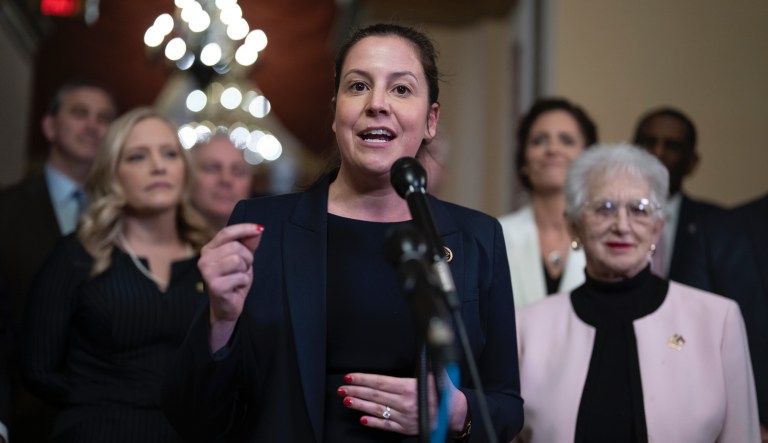 House Republican Conference Chair Elise Stefanik, R-N.Y. talks to reporters after the House narrowly passed the 