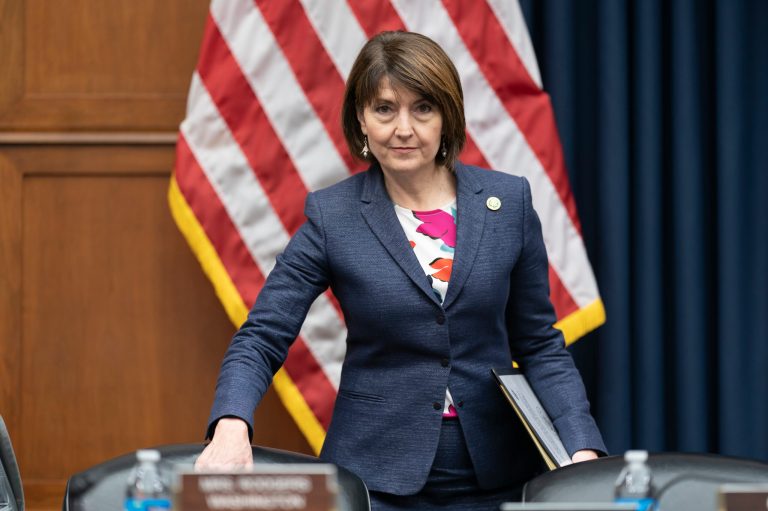 House Energy and Commerce Committee Chairwoman Cathy McMorris Rodgers (R-WA) arrives at a hearing at the Capitol, March 28, 2023.