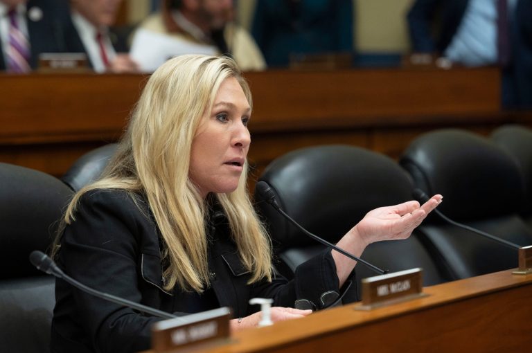 Rep. Marjorie Taylor Greene, R-Ga., questions witnesses during the House Oversight and Accountability Committee's hearing about Congressional oversight of Washington, D.C., on Capitol Hill, Wednesday, March 29, 2023.