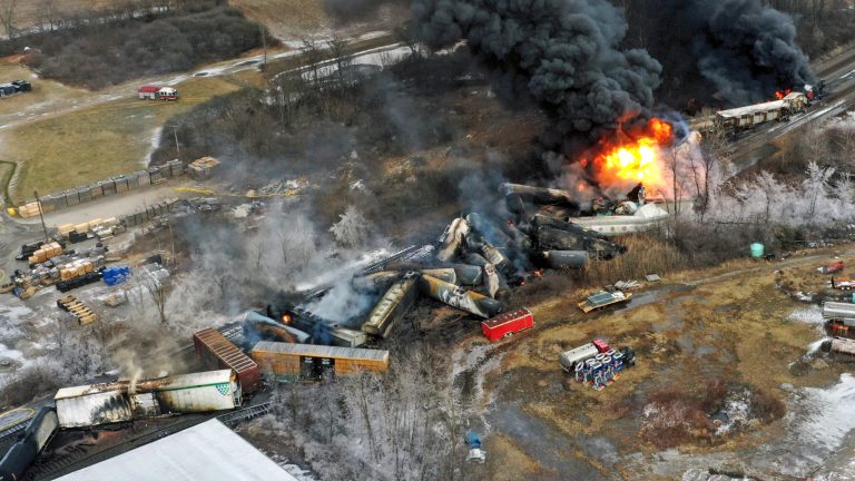 This photo taken with a drone on Feb. 4, 2023, shows portions of a Norfolk Southern freight train still on fire that derailed on Feb. 3, in East Palestine, Ohio. 