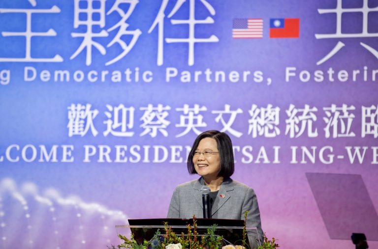 In this photo released by the Taiwan Presidential Office, Taiwan's President Tsai Ing-wen speaks during a dinner reception in New York, Thursday, March 30, 2023. 