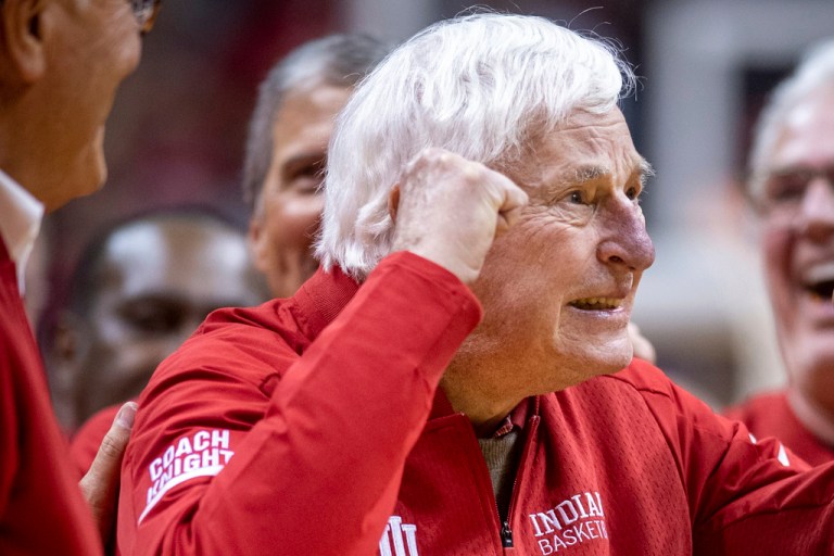Former Indiana basketball head coach Bobby Knight makes an appearance at Indiana University in Bloomington, Indiana, Feb. 8, 2020.