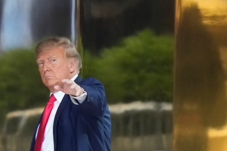 Former President Donald Trump arrives at Trump Tower in New York on Monday, April 3, 2023. Trump is expected to be booked and arraigned on Tuesday on charges arising from hush money payments during his 2016 campaign.
