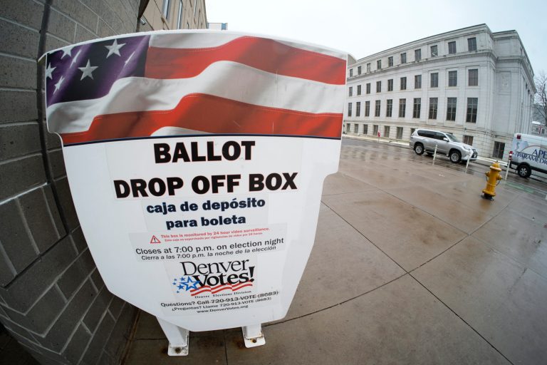 A collection box stands outside the Denver Elections Division for the city's election Tuesday, April 4, 2023, in downtown Denver. (AP Photo/David Zalubowski)