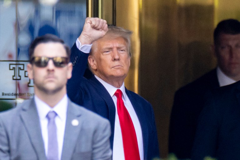 Former President Trump leaves Trump Tower for Manhattan Criminal Court in New York on Tuesday, April 4, 2023. Trump will be booked and arraigned on charges arising from hush money payments during his 2016 campaign. 