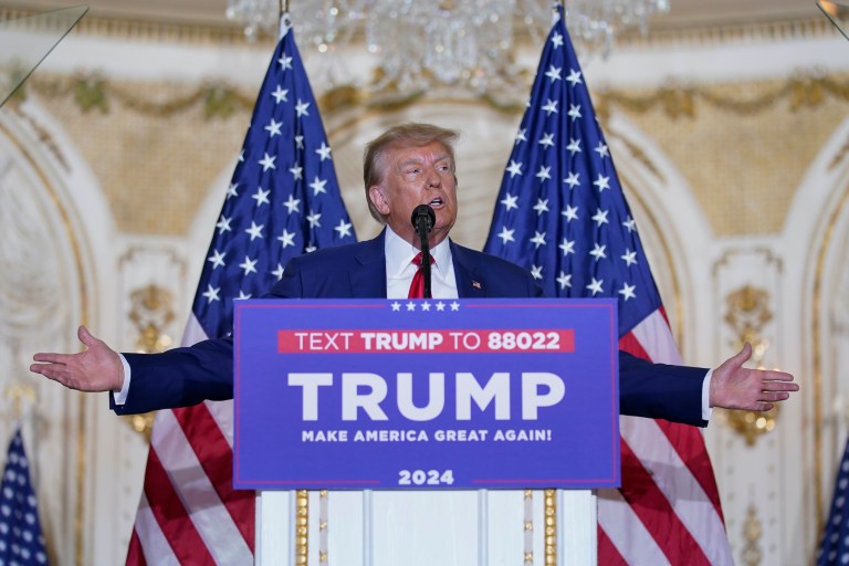 Former President Donald Trump speaks at his Mar-a-Lago estate Tuesday, April 4, 2023, in Palm Beach, Fla., after being arraigned earlier in the day in New York City.