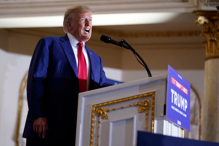 Former President Donald Trump speaks at his Mar-a-Lago estate Tuesday, April 4, 2023, in Palm Beach, Fla., after being arraigned earlier in the day in New York City.