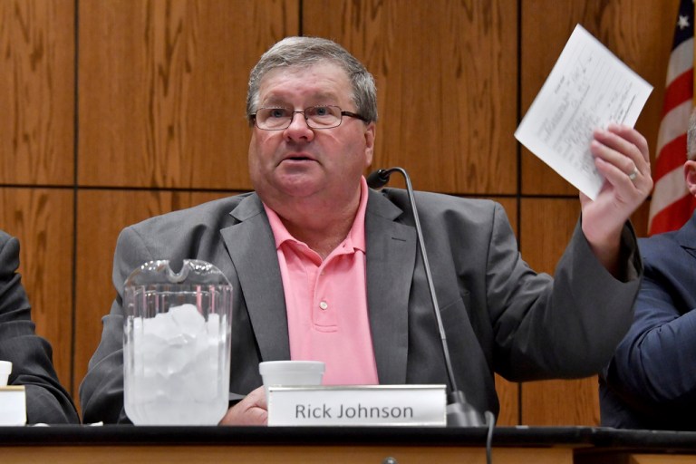 Rick Johnson chairs the Michigan Medical Marijuana Board as it meets before a capacity crowd in Lansing, Michigan, on June 26, 2017. Federal authorities said Thursday, April 6, 2023, that Johnson accepted more than $100,000 in bribes and has agreed to plead guilty.