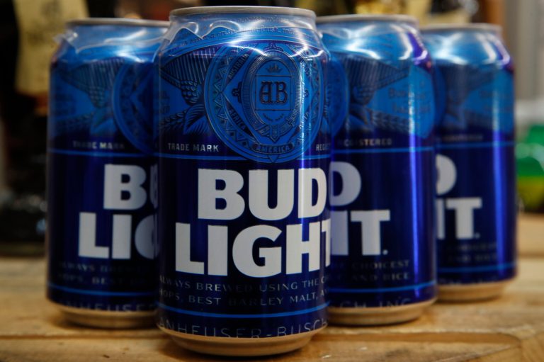 Cans of Bud Light beer.