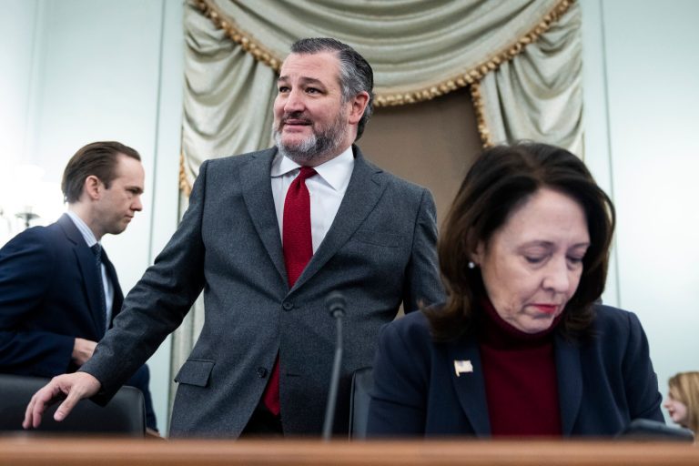Ranking member Sen. Ted Cruz (R-TX) and Chairwoman Sen. Maria Cantwell (D-WA) arrive for the Senate Commerce, Science, and Transportation Committee hearing titled 