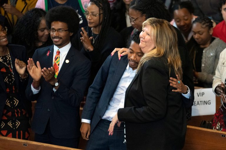 Expelled Rep. Justin Pearson, D-Memphis, from left, expelled Rep. Justin Jones, D-Nashville, and Rep. Gloria Johnson, D-Knoxville, are recognized by the audience at Fisk University before Vice President Kamala Harris arrives, Friday, April 7, 2023, in Nashville, Tennessee. 