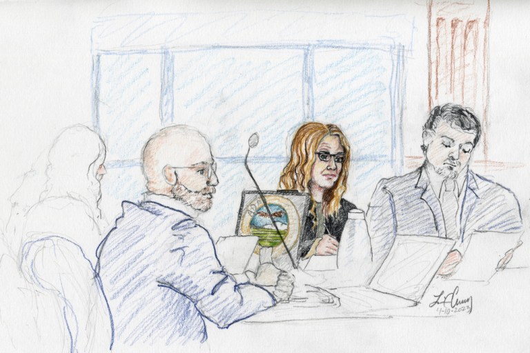 This courtroom sketch, from left, depicts Madison County prosecutor Rob Wood, Lori Vallow Daybell and defense attorney Jim Archibald during opening statements of Vallow Daybell's murder trial in Boise, Idaho, Monday, April 10, 2023. Prosecutors have charged Vallow Daybell and her husband, Chad Daybell, with multiple counts of conspiracy, murder and grand theft in connection with the deaths of Vallow Daybell's two children: Joshua 