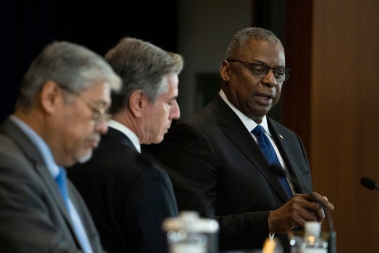 U.S. Defense Secretary Lloyd Austin, right, with U.S. Secretary of State Antony Blinken, center, and Philippines Secretary of Foreign Affairs Enrique Manalo, left, speaks during a joint news at the State Department, Tuesday, April 11, 2023, in Washington. 