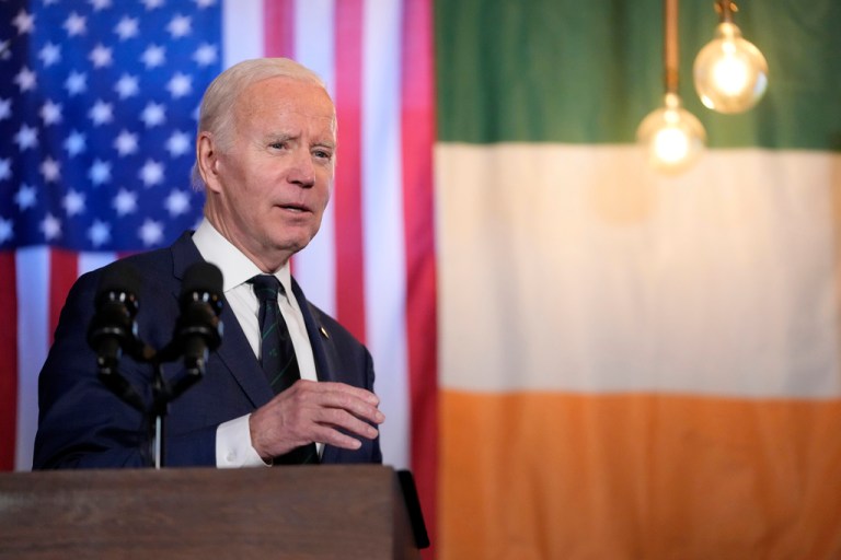 President Joe Biden speaks at the Windsor Bar and Restaurant in Dundalk, Ireland, Wednesday, April 12, 2023.