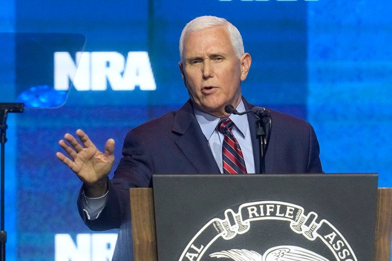 Former Vice President Mike Pence speaks during at the National Rifle Association Convention, Friday, April 14, 2023, in Indianapolis. 