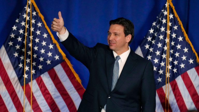 Florida Gov. Ron DeSantis flashes a thumbs-up following an address at a New Hampshire Republican Party dinner, Friday, April 14, 2023, in Manchester, N.H. 