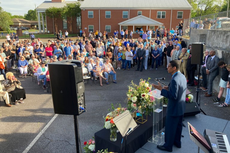 A pastor speaks at a prayer vigil outside First Baptist Church on Sunday, April 16, 2023, in Dadeville, Ala. Several people were killed and over two dozen were injured in a shooting at a teenager's birthday party in the town on Saturday, April 15. 