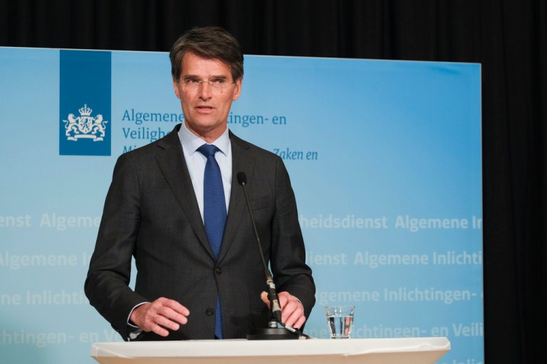 Erik Akerboom, director-general of the Dutch General Intelligence and Security Service, AIVD, painted a grim picture during a press conference in Zoetermeer, Netherlands, Thursday, April 13, 2023, of a growing number of internal and external threats to the rule of law in the Netherlands compounded by Russia's war in Ukraine and international cyber attacks and espionage.