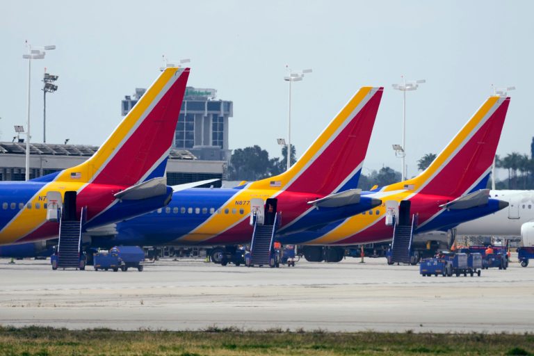 Southwest Airlines planes are parked at the terminal at Long Beach Airport on Tuesday, April 18, 2023, in Long Beach, California. Southwest Airlines planes were grounded nationwide for what the airline called an intermittent technology issue, causing more than 1,800 flight delays just four months after the carrier suffered a meltdown over the Christmas travel rush.