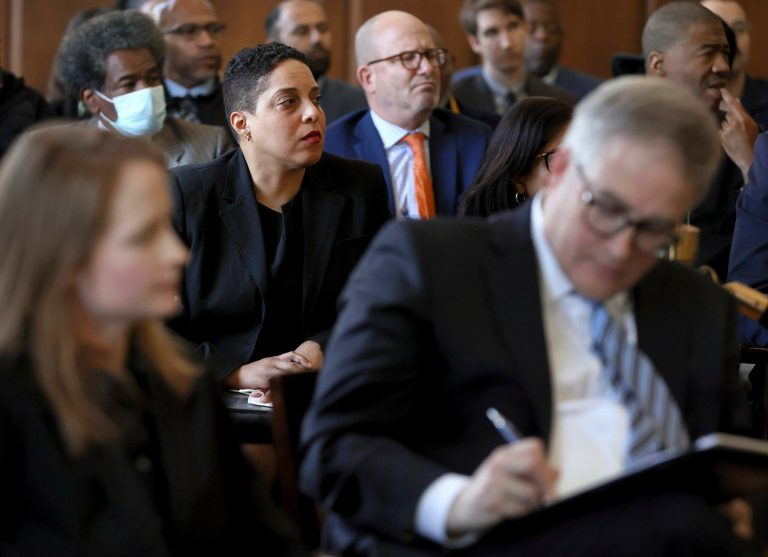 St. Louis Circuit Attorney Kim Gardner sits behind her attorneys in a St. Louis courtroom, Tuesday, April 18, 2023, in the first hearing of a lawsuit by Missouri Attorney General Andrew Bailey seeking to remove Gardner from office. 