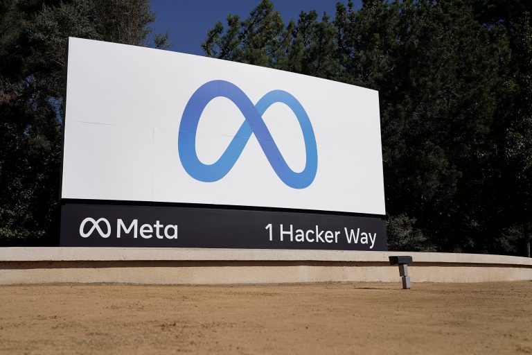 FILE - Facebook's Meta logo sign is seen at the company headquarters in Menlo Park, California, on, Oct. 28, 2021. (AP Photo/Tony Avelar, File)