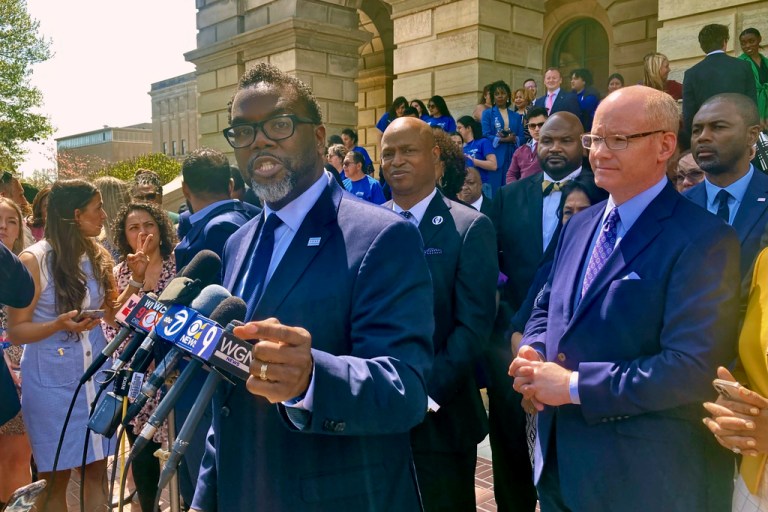 Chicago Mayor-elect Brandon Johnson answers questions from the media outside the Illinois State Capitol in Springfield, Ill., Wednesday, April 19, 2023, after addressing a joint session of the Illinois General Assembly. Johnson, 47, who will be inaugurated May 15, promised collaboration with the Legislature and attempted to dispel the often-contentious relationship between the nation's third-largest city and the rest of the state, saying, 
