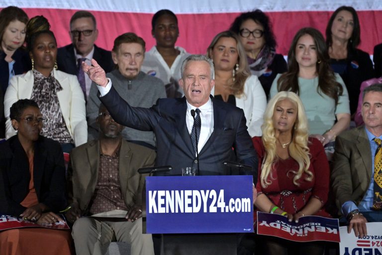 Robert F. Kennedy Jr. speaks at an event where he announced his run for president on Wednesday, April 19, 2023, at the Boston Park Plaza Hotel, in Boston.