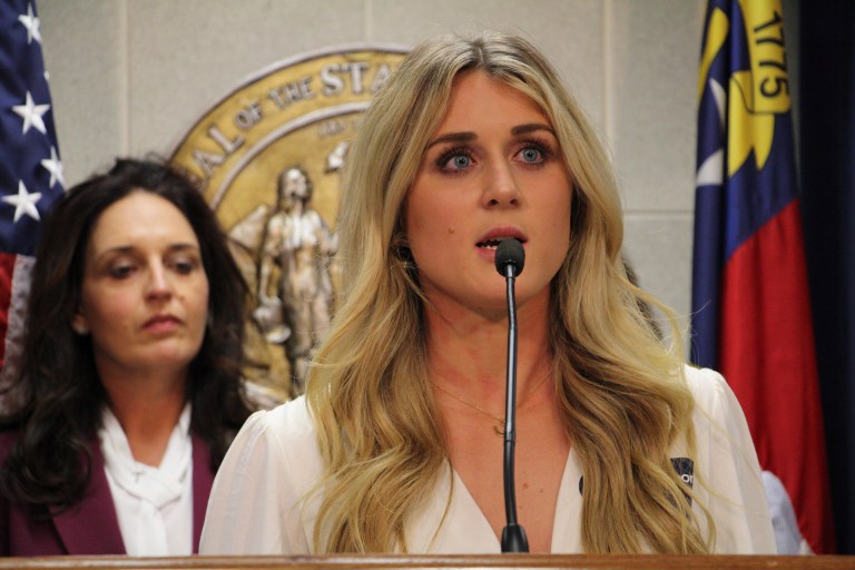 Former collegiate swimmer Riley Gaines speaks at a news conference about transgender inclusion in sports at the North Carolina Legislative Building, Wednesday, April 19, 2023, in Raleigh, North Carolina. (AP Photo/Hannah Schoenbaum)