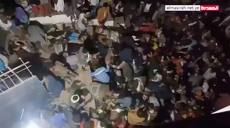 This image from a video, shows the scene of a deadly stampede in Sanaa, Yemen, Wednesday, April 19, 2023.