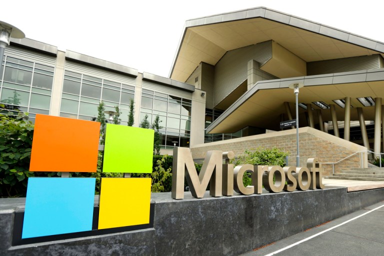 FILE - In this July 3, 2014, file photo, the Microsoft Corp. logo is displayed outside the Microsoft Visitor Center in Redmond, Wash. (AP Photo/Ted S. Warren, File)