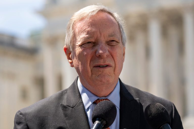 FILE - Sen. Dick Durbin, D-Ill., speaks with reporters on Capitol Hill, Wednesday, April 19, 2023, in Washington.