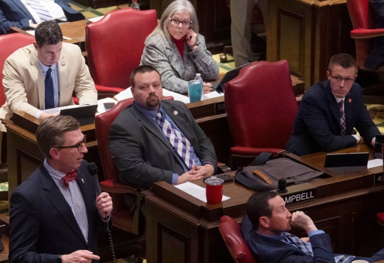 Republican Rep. Scotty Campbell, sits in session in the House Chambers at the Tennessee State Capitol Building in Nashville, Tenn., Monday, March 20, 2023. Campbell, a Republican lawmaker in Tennessee resigned Thursday, April 20, 2023 due to an ethics violation involving the Legislatureâs workplace discrimination and harassment policy.