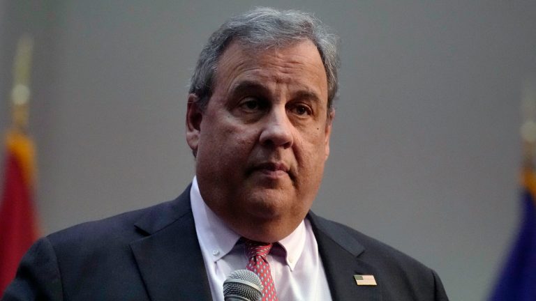 Former New Jersey Gov. Chris Christie addresses a gathering during a town hall style meeting at New England College, Thursday, April 20, 2023, in Henniker, N.H. 