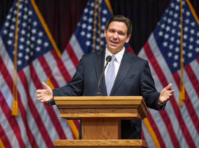 Florida Gov. Ron DeSantis speaks during the Utah Republican Party Organizing Convention at Utah Valley University in Orem, Utah, on Saturday, April 22, 2023. 