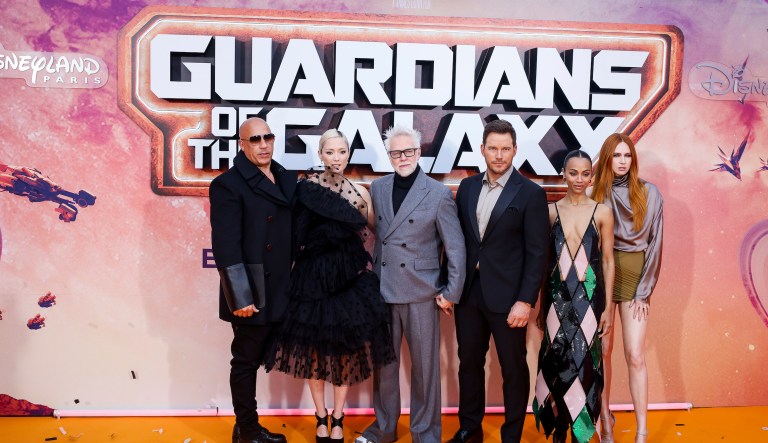 Left to right; actors Vin Diesel, Pom Klementieff, director James Gunn, Chris Pratt, Zoe Saldana, Karen Gillan pose for photographers upon arrival at the gala event for the film Guardians of the Galaxy Vol. 3 at Disneyland Paris Saturday, April 22, 2023, in Chessy Marne La Vallee, east of Paris.