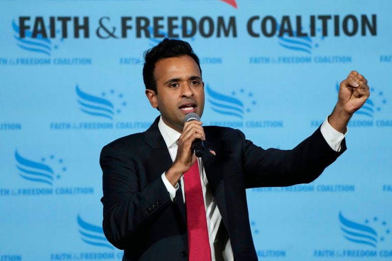 Republican presidential candidate Vivek Ramaswamy speaks during the Iowa Faith and Freedom Coalition Spring Kick-Off, Saturday, April 22, 2023, in Clive, Iowa.