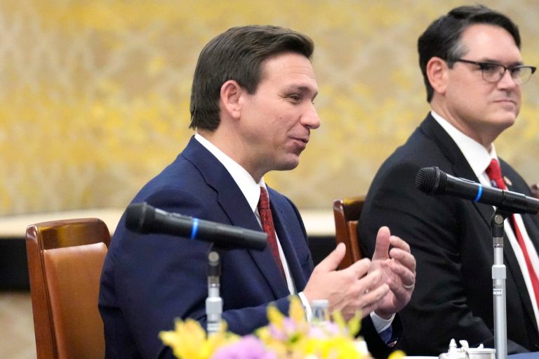 Florida Gov. Ron DeSantis speaks during a meeting with Japanese Foreign Minister Yoshimasa Hayashi, not in picture, at Iikura Guest House Monday, April 24, 2023, in Tokyo. 