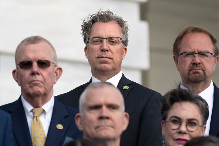 Rep. Andy Ogles (R-TN) stands with fellow Republicans as the House GOP leadership marks 100 days of holding their majority, at the Capitol in Washington, Monday, April 17, 2023. 