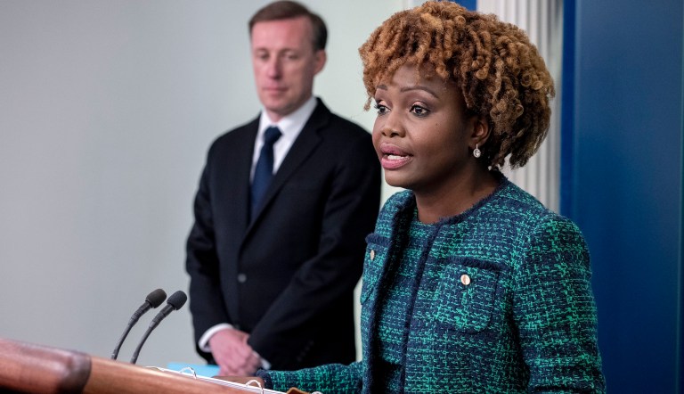 White House press secretary Karine Jean-Pierre, right, accompanied by White House national security adviser Jake Sullivan, left, speaks at a press briefing at the White House in Washington, Monday, April 24, 2023.