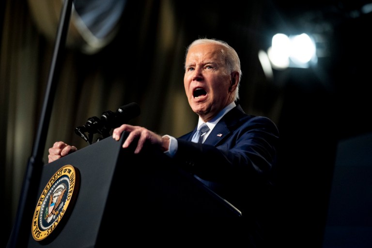 President Joe Biden speaks at the North America's Building Trades Union National Legislative Conference at the Washington Hilton in Washington, Tuesday, April 25, 2023.